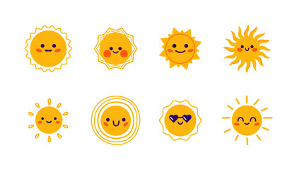 Cute smiling sun set collection with funny faces. Summer sunshine set. Hand drawn sun on white background for cards, stickers, invitation, posters