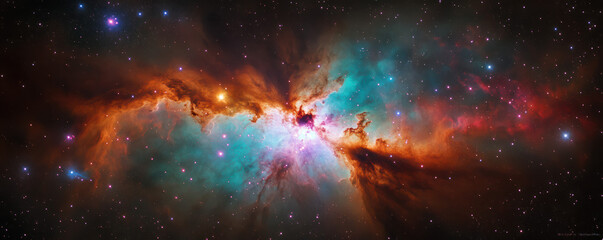 Fototapeta premium A stunning galaxy reveals ethereal clouds of lavender, teal, and crimson hues. This celestial view captures the enchanting beauty of cosmic wonders with its glowing gas and dust.