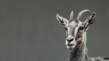 Close-up of a Goat-like Animal with Long Horns and Soft Fur, Wildlife Portrait, Animal Face Detail, Nature Beauty, Copy Space