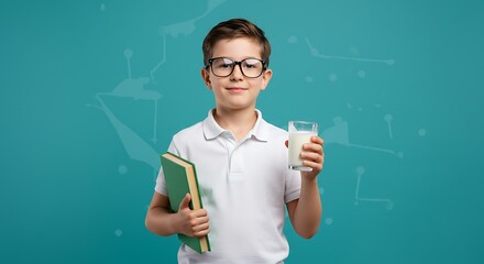 Boy with Glasses Holds Book and Milk Glass Symbolizing Education and Nutrition