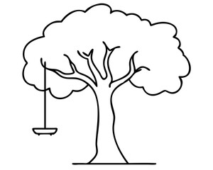 Tree with Swing in Nostalgic Style, Vintage Tree with Hanging Swing, Nostalgic Tree with Swing Illustration, On Transparent Background
