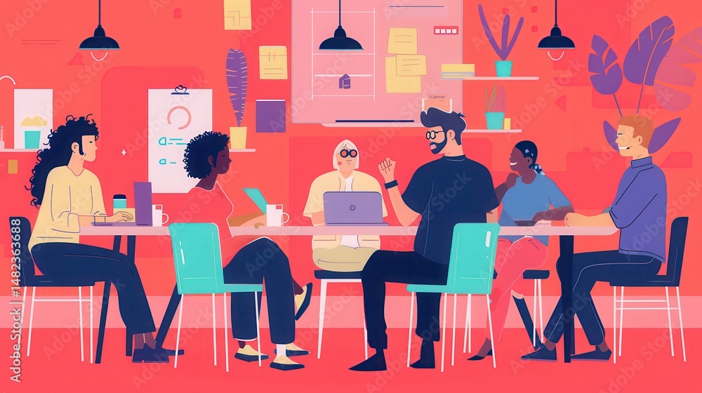 Poster diverse group of people in a meeting around a table with laptops and notes on a red background