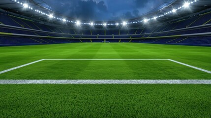 Night view of a soccer field in a large stadium with bright lights illuminating the green grass, white lines and stands. Dramatic lighting and wide angle perspective.