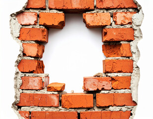 Obraz premium Un muro viejo roto de ladrillo rojo y cemento sobre una pared blanca con un hueco en el centro aislado sobre fondo blanco