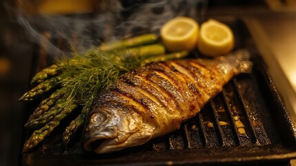 A beautifully grilled fish fillet, seasoned with garlic and lemon, served with a side of fresh steamed asparagus