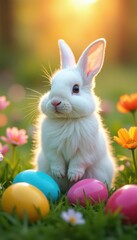 Obraz premium Fluffy white rabbit amidst rainbow eggs, blooming wildflowers at dawn , flowers, adorable, image