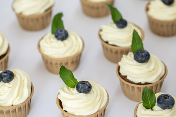 Homemade sweets made from natural and healthy ingredients. Festive background with mini cakes. Delicious cake