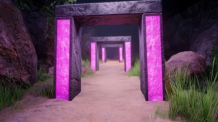 Naklejka premium Pathway of glowing pink stone gates in a sandy landscape. Surrounded by dark rocks and sparse vegetation. Digital art, fantasy setting. Mysterious, serene atmosphere.