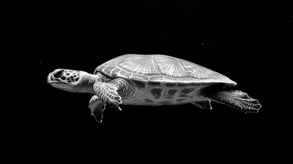Fototapeta premium Monochrome photo of a sea turtle swimming in dark water.