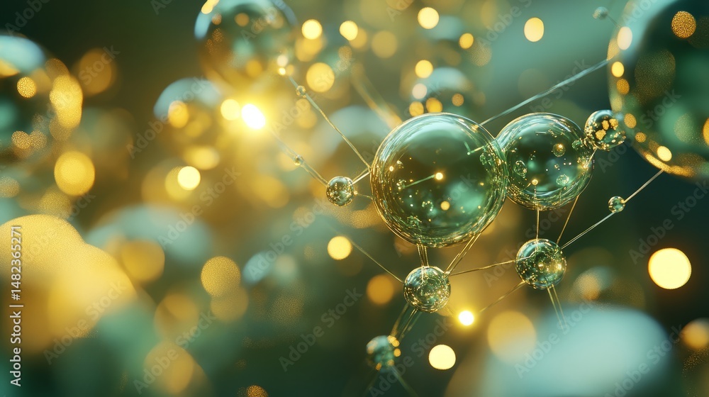 Poster molecular structure model featuring green translucent spheres connected by glowing lines on a soft b
