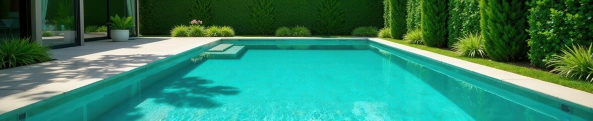 Geometric lines, vibrant green space, sparkling pool , poolside view, exterior view