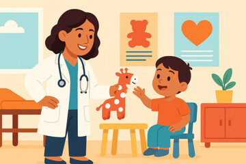 Pediatrician in white coat interacts with young boy in clinic, showcasing playful atmosphere with toys and colorful decor, emphasizing child-friendly healthcare experience