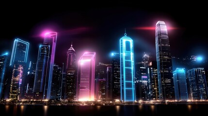 Fototapeta premium Night cityscape with vibrant pink and blue neon lights illuminating skyscrapers along a dark waterfront. Digital art style, pixelated effect on buildings, and glowing highlights add a futuristic feel.
