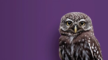 Fototapeta premium Close-up of a small owl with bright yellow eyes, detailed feathers, sharp gaze, nocturnal bird, wildlife portrait, isolated on purple background, high resolution, Copy Space