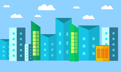 view of buildings with a cloudy sky background.Modern architectural landscape,Vector flat art in light blue Central city buildings