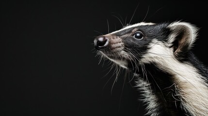 Close-up of a weasel profile with sharp whiskers, black and white fur, detailed animal portrait, wild mammal photography, natural wildlife, dark background, Copy Space