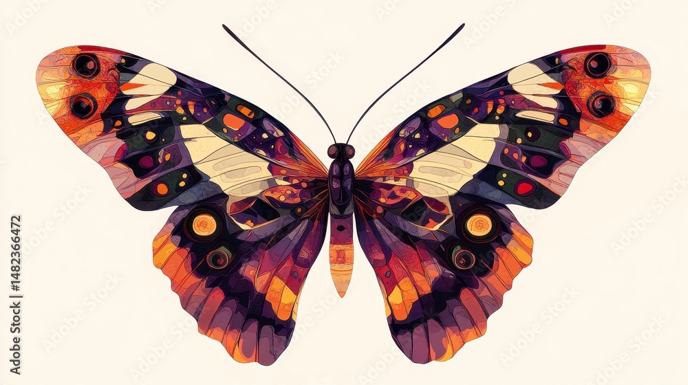 Poster vibrant multicolored butterfly with intricate wing patterns isolated on white background.