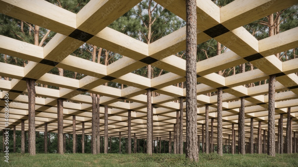 Aufkleber genetically engineered trees growing in a grid pattern, forming a sustainable building material, sho