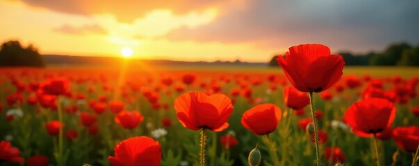 Fototapeta premium Golden hour sunlight bathes vibrant red poppies in a field, evening sky , poppies, floral, nature
