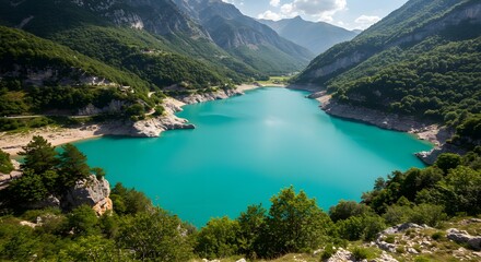 Turquoise Lake Surrounded by Green Mountains Scenic Landscape