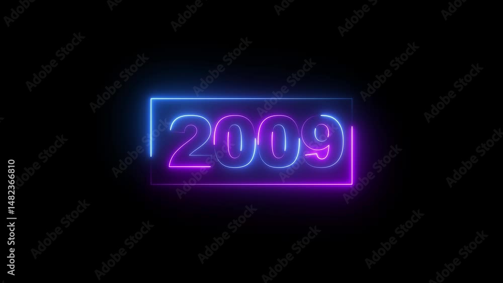 Poster 2009 neon line text. abstract 2009 neon text animation, glowing neon number text background 4k video