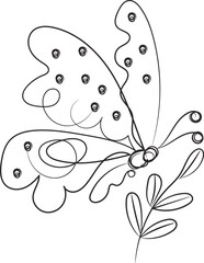 Elegant One Line Drawing of a Butterfly on a Branch with Leaves
