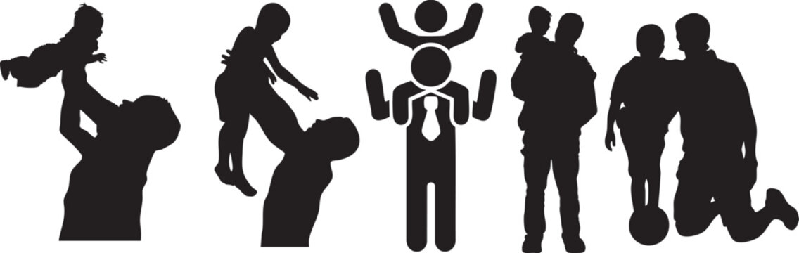 vector silhouettes, outline silhouettes of father's day, contour drawing, people silhouette, icon set isolated, silhouette of sitting people, architectural set