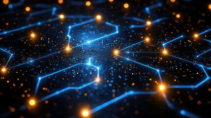 Fototapeta premium Glowing connections on a dark circuit board abstract design