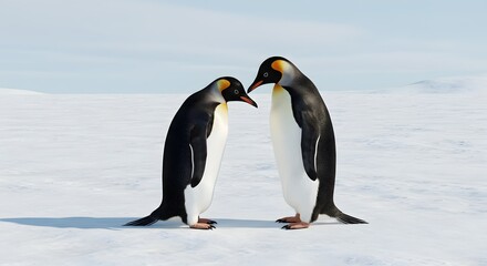 Obraz premium Two Penguins Standing on Snow-covered Land with a Light Blue Sky