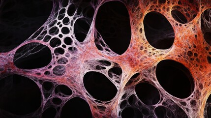 Abstract Organic Web-Like Structure with Dark Holes and Warm Color Gradient Detailing a Complex Texture