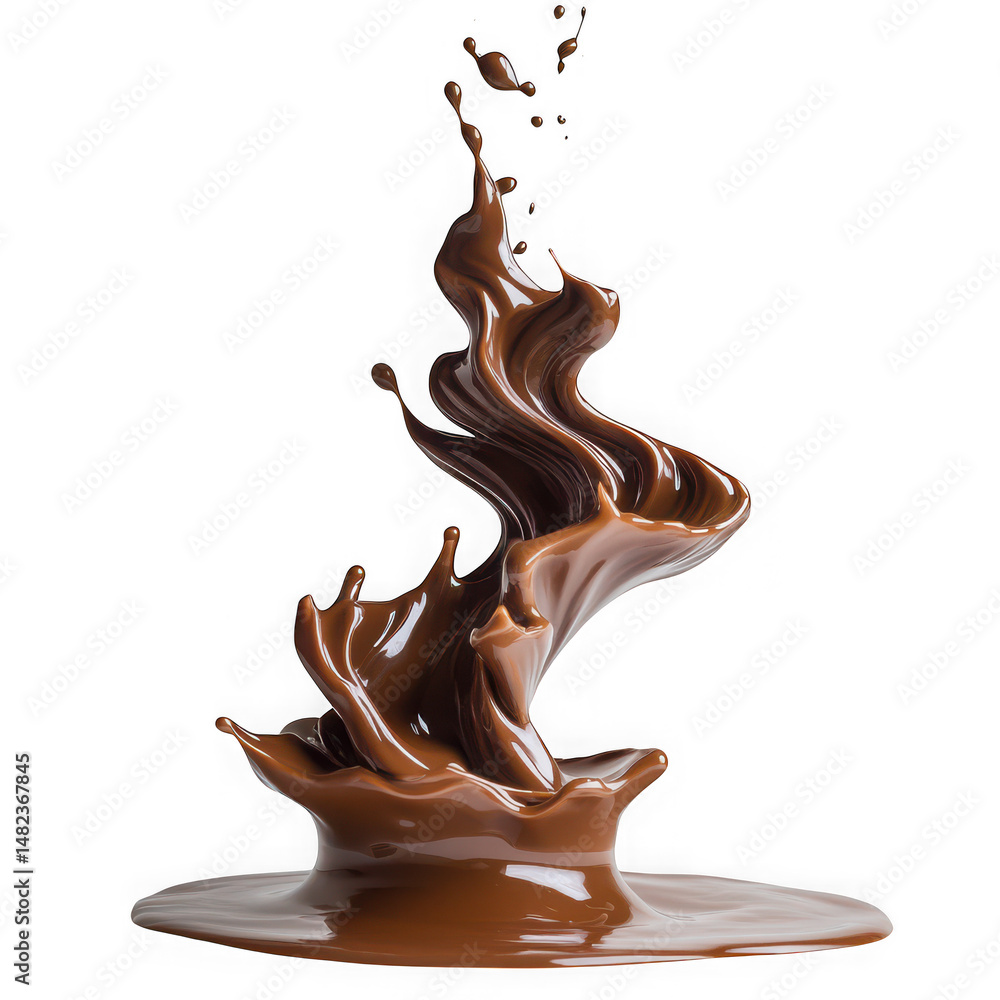 Poster a chocolate splash with droplets against a white background in a studio setting showcasing texture