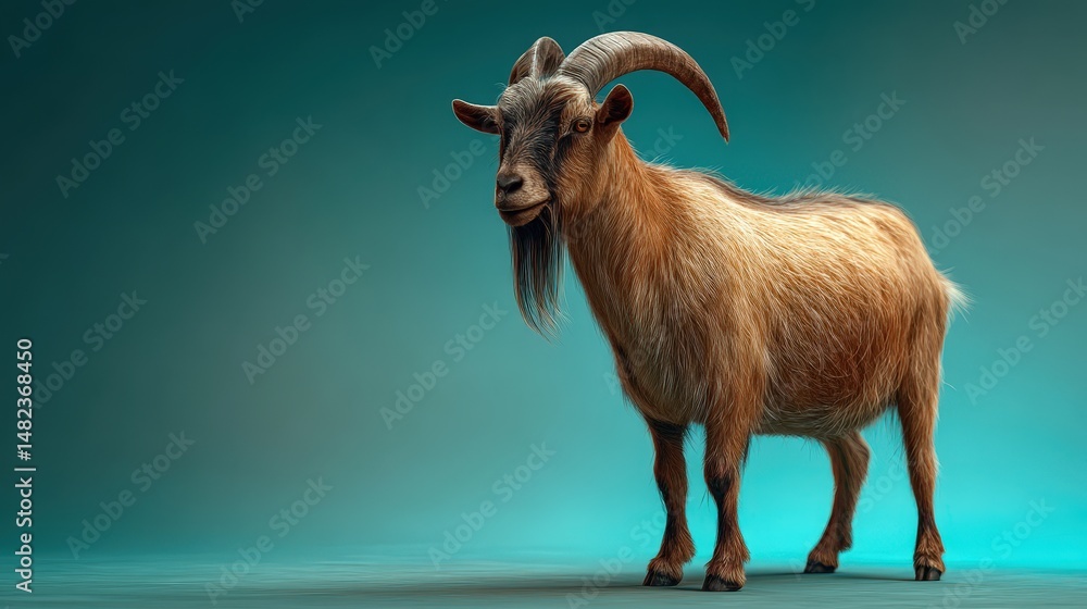 Poster digital rendering of a standing goat against a teal backdrop.