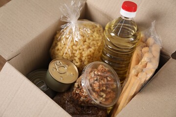 Many different food products in box, closeup