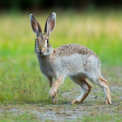 Fototapeta premium Alert Hare Strolling Across Meadow in Natural Habitat with Expressive Eyes