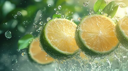 Refreshing lime and lemon slices splashing in water.  Perfect for beverage, food, and healthy lifestyle projects. Ideal for websites, ads, and packaging.