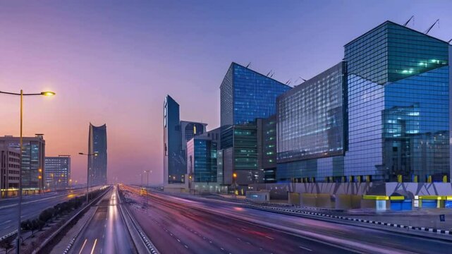 Blue Hour Twilight Over King Abdullah Financial District Skyscrapers in Riyadh, Saudi Arabia, Featuring Cinematic Urban Skyline and Reflective Glass Facades with Serene Desert Backdrop