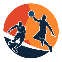 midair shot of two basketball players from different teams vector illustration