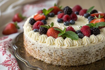 Elegant Cake with Fresh Berries and White Rose