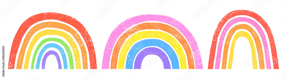Poster linocut artistic rainbow arch hand printed vector set. textured grungy uneven colorful separate stri