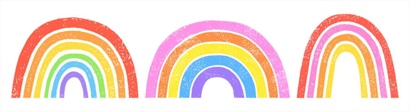 Linocut artistic rainbow arch hand printed vector set. Textured grungy uneven colorful separate stripes strips. LGBTQ Gay pride illustration, text background frame border creative retro template.