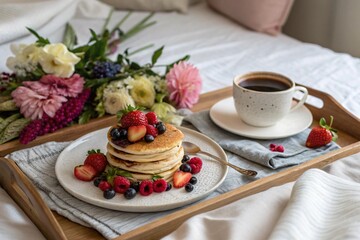 Romantic Breakfast Tray with Pancakes and Coffee