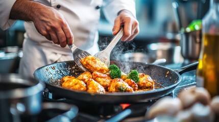 A chef coating chicken in a crispy batter before frying it, with a delicious golden result in the hot oil