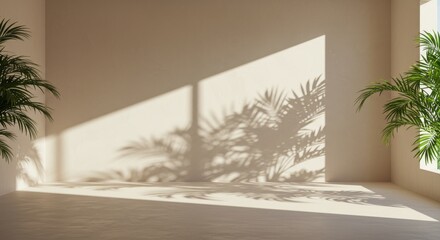 Bright interior space with shadows from plants casting on the wall