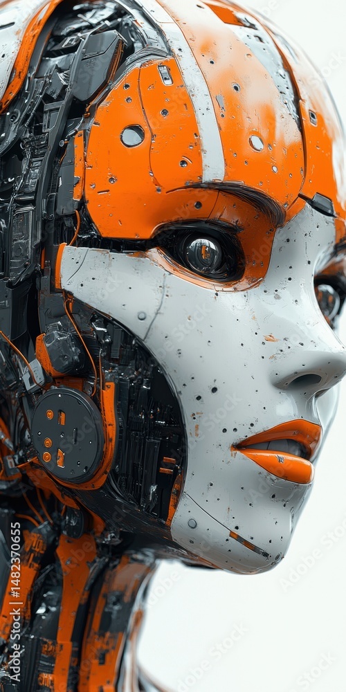Poster close-up of a detailed robot face with visible mechanical components and smooth outer shell