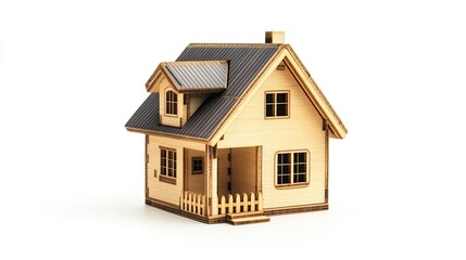 A toy wooden house isolated on a transparent background, front view.