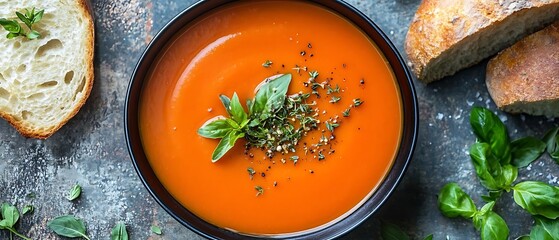 Tomato soup, bread, basil.  Recipe image