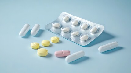 A clean and modern presentation of assorted medications including pastel-colored tablets and glossy capsules on a plain blue surface