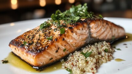 A close-up of a beautifully grilled salmon fillet, lightly seasoned and topped with fresh herbs, served with a side of quinoa