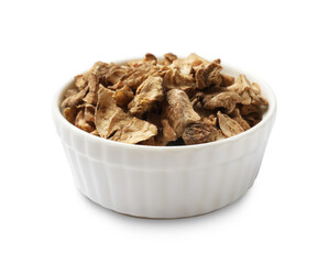 Pieces of dry chicory roots in bowl isolated on white