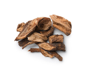 Pile of dry chicory roots isolated on white, top view
